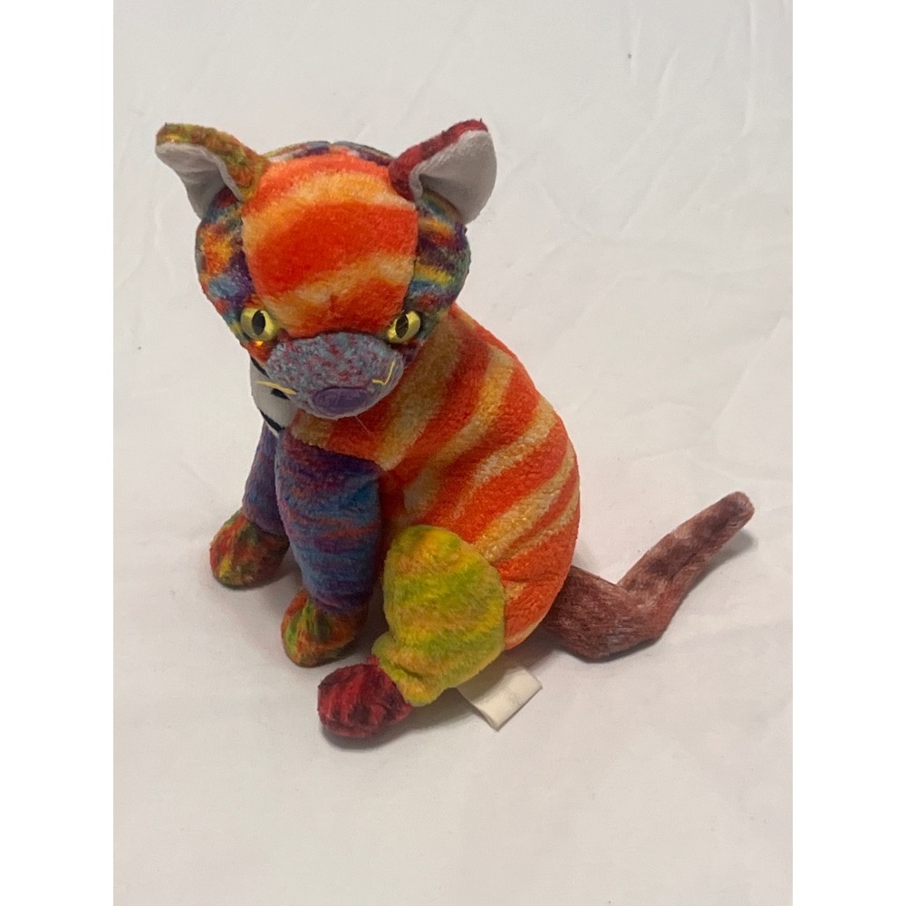 Multicolor Patchwork Plush Cat Rainbow Zebra Stripe Tie Dye Seated Toy 8 Inch